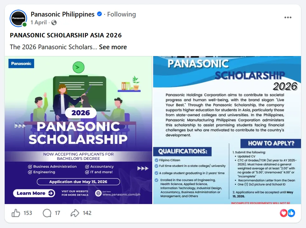 Panasonic Scholarship 2026-2027 Official Announcement